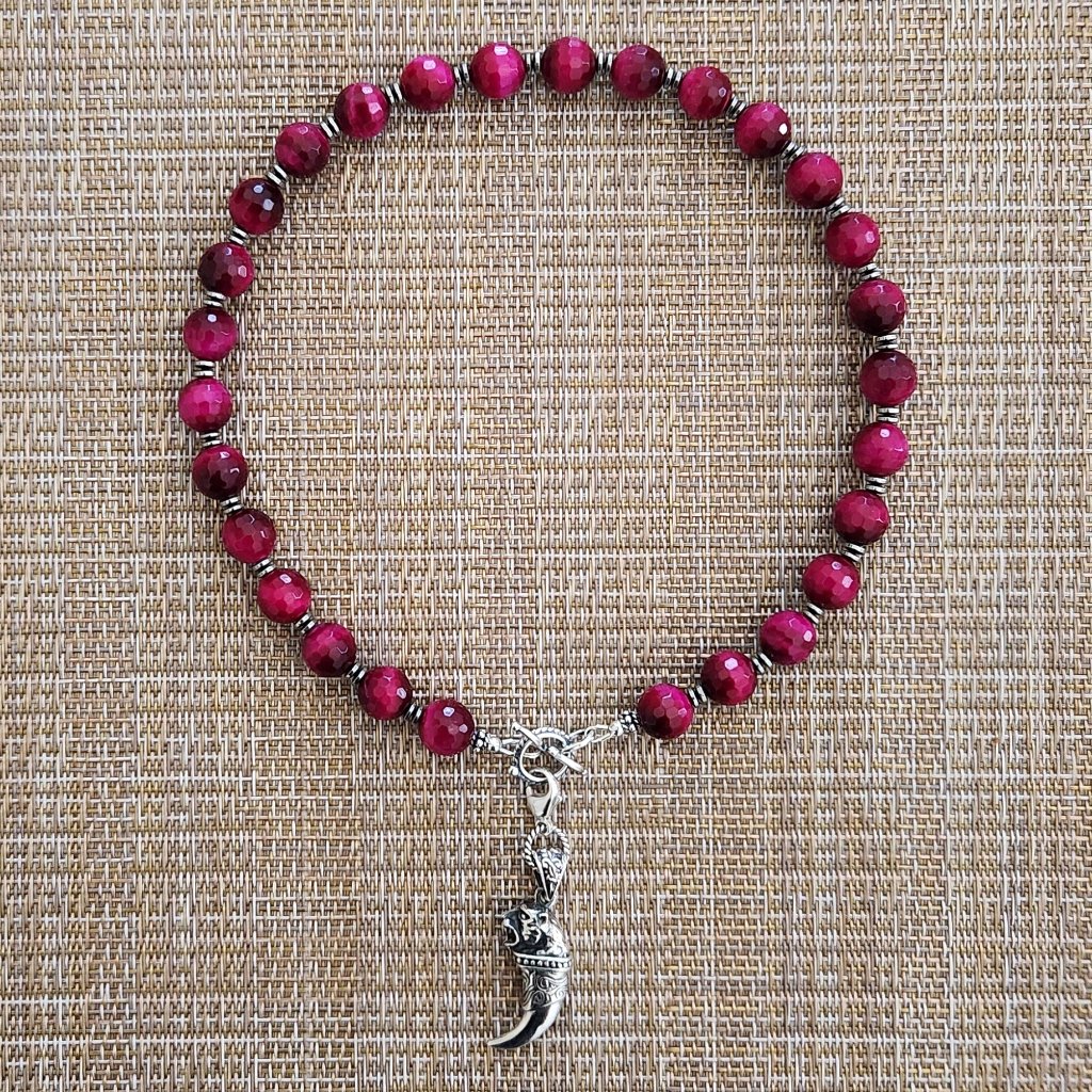 Hot Pink Tigers Eye Necklace W/ 925 Silver Tiger Claw
